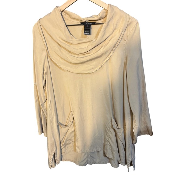 Ali Miles Tops - Ali Miles Cowl Neck Tunic Top Tan Beige Roll Tab Sleeve Front Pockets Small